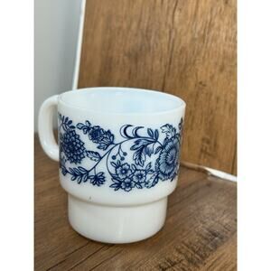 White Milk Glass Glasbake Blue Onion Flower Coffee Tea Cup Mug Vintage